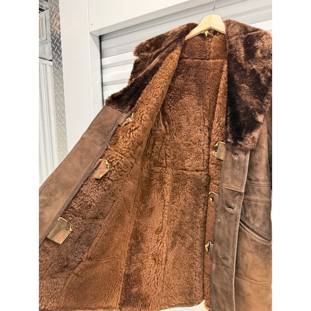 Vintage Brown Shearling Sheepskin Coat Double Breasted Faux Fur Collar Size 50 - Picture 4 of 7